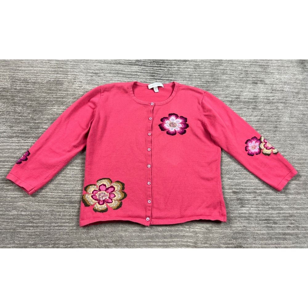 Northern Isles Cardigan Women PL Pink Floral Beaded Embroidered Cotton Sweater